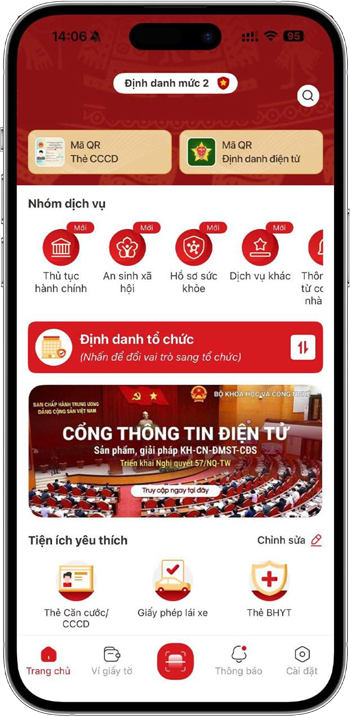Giao diện trang chủ ứng dụng VNeID trên điện thoại