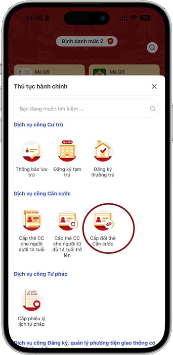 Menu thủ tục hành chính VNeID