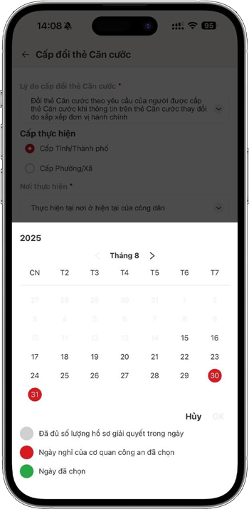 Màn hình đặt lịch hẹn trên VNeID